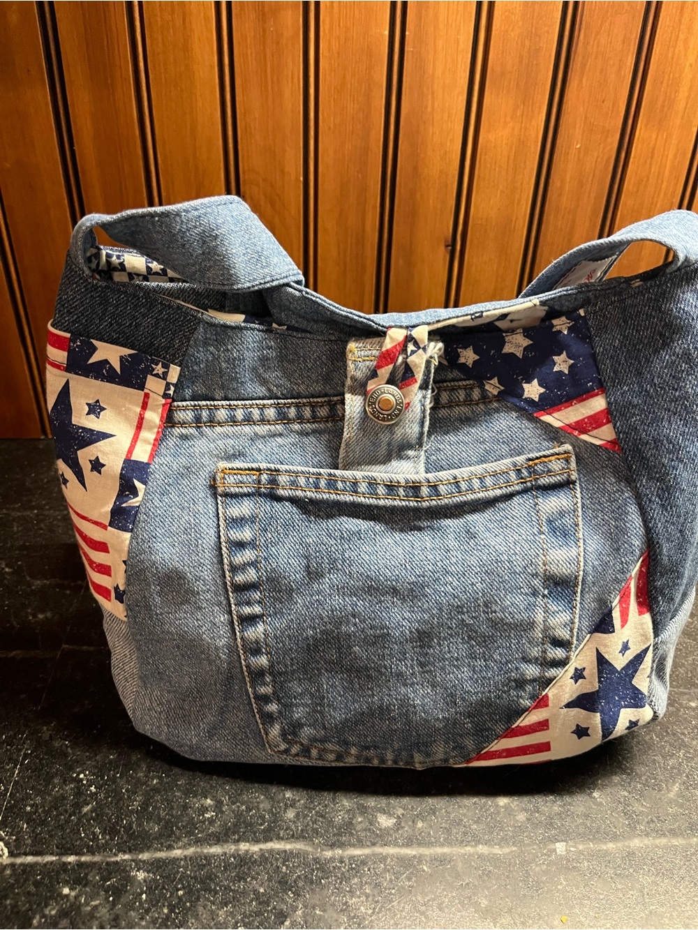 Hand Crafted Denim Shoulder Bag with Red, White & Blue Star Accents
